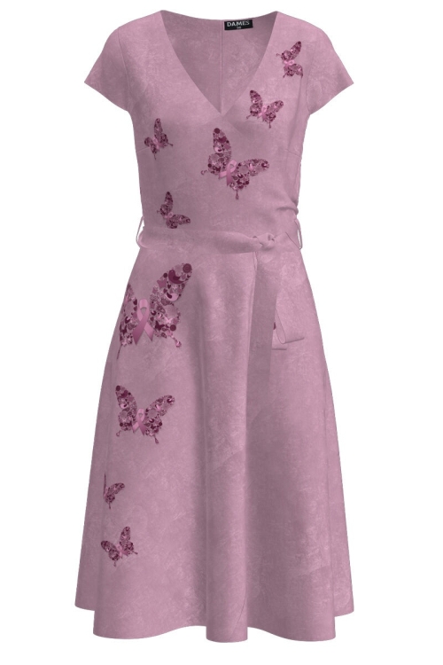 Rochie roz casual de vara cu maneca scurta imprimata cu model Fluturi CMD2725 - Img 2