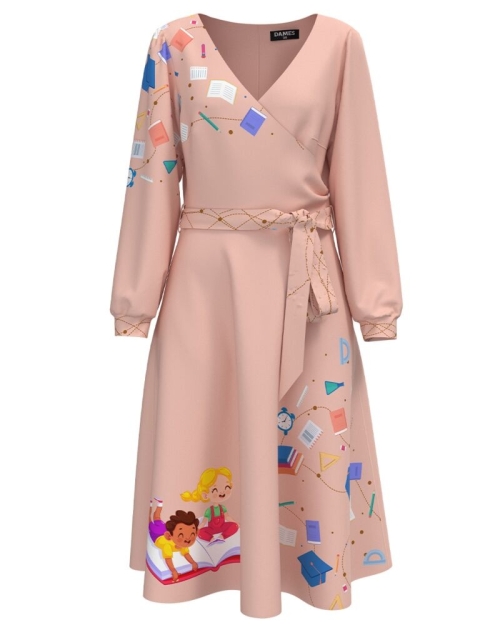 Rochie roz eleganta cu maneca lunga imprimata cu model Back to school CMD3122