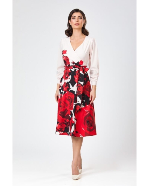 Rochie roz pal eleganta cu maneca lunga imprimata trandafiri - Img 1