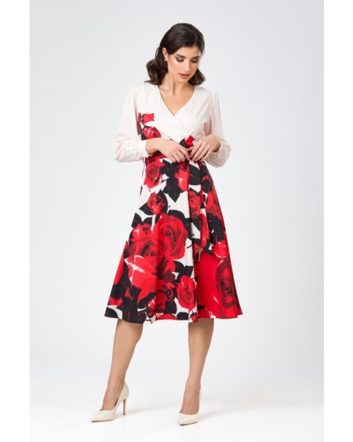 Rochie roz pal eleganta cu maneca lunga imprimata trandafiri - Img 2