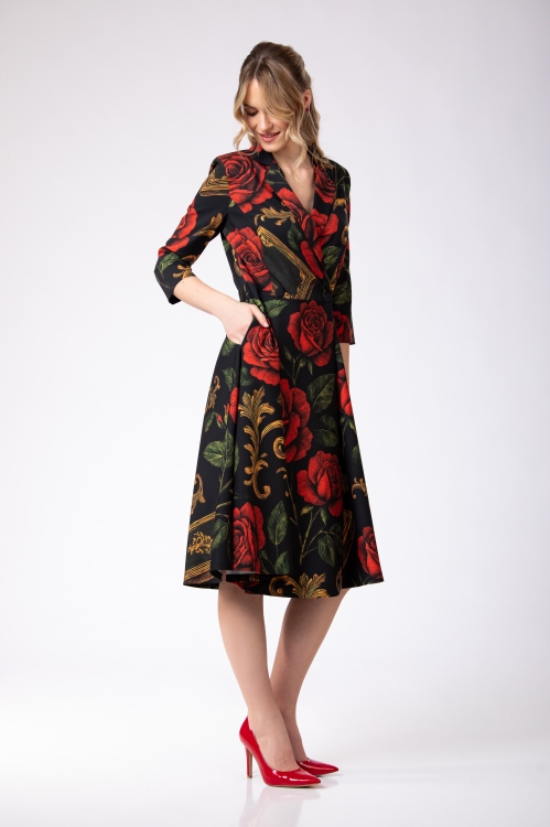 Rochie tip pardesiu imprimata Noir Rose - Img 3
