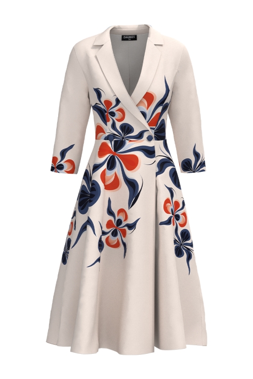 Rochie tip pardesiu petrecuta cu imprimeu floral si buzunare