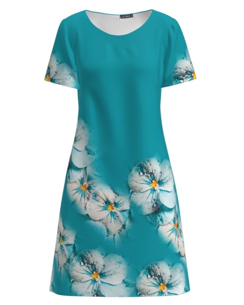 Rochie turcoaz evazata imprimata cu model floral CMD2803