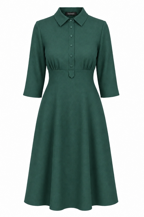 Rochie verde cu guler tip camasa si fusta clos din stofa fina Valeria