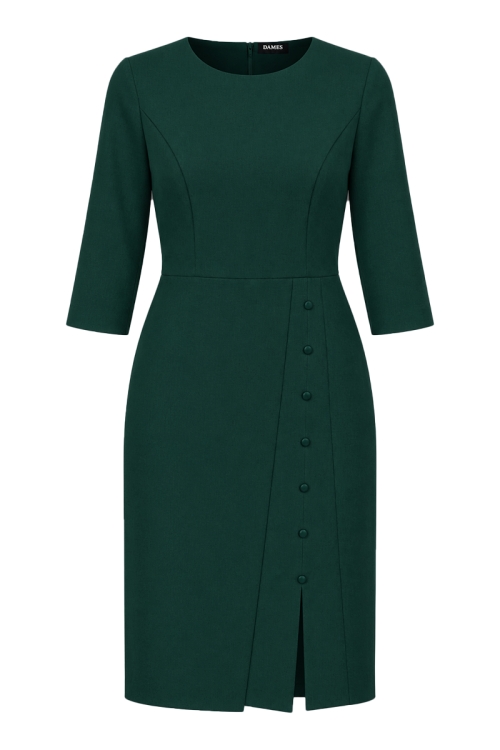 Rochie verde din stofa Valeria cu decolteu rotund si slit pe picior