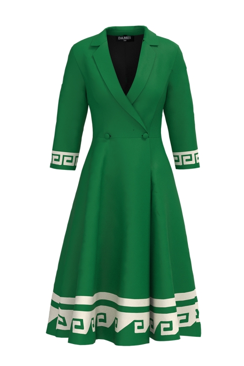 Rochie verde tip pardesiu petrecuta cu imprimeu aztec