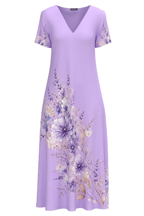 Rochie violet de vara lunga cu buzunare imprimata lavanda
