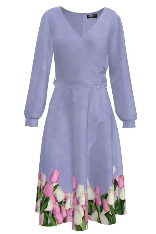 Rochie violet eleganta cu maneca lunga imprimata cu model Lalele CMD2638 - Img 2