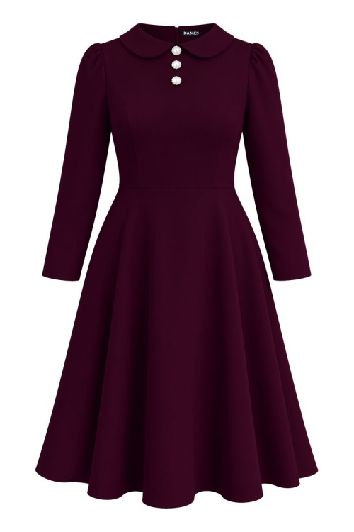 Rochie visinie semiclos cu guler rotund si maneci lungi