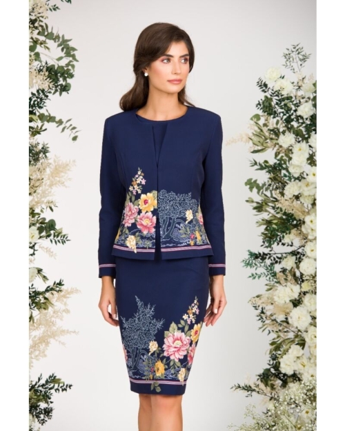 Sacou bleumarin cambrat imprimat cu model floral in contrast CMD3006 - Img 4