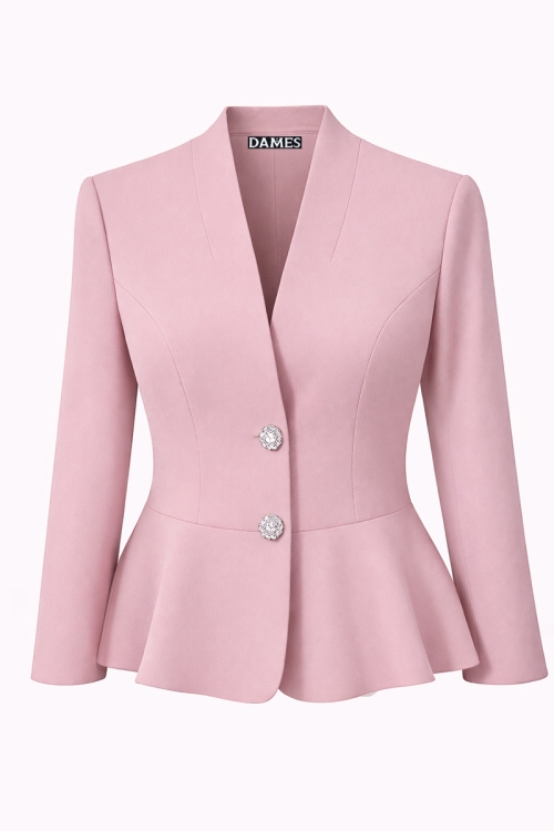 Sacou roz elegant cu volan si nasturi bijuterie