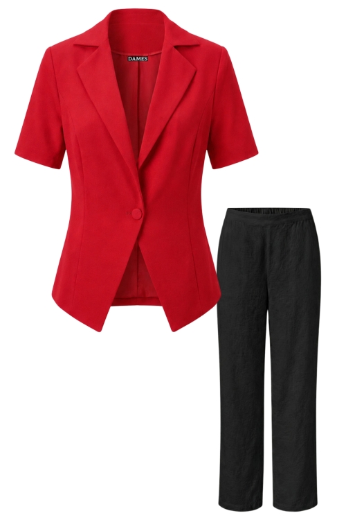 Set cu sacou rosu cu revere si maneca scurta cu pantalon drept din vascoza