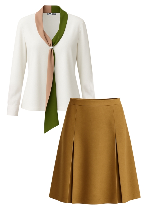 Set dama bluza alba cu guler esarfa bej & verde si fusta din suedete cu pliuri