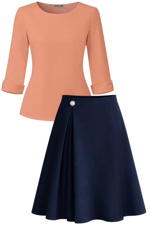 Set dama bluza roz somon din voal si fusta bleumarin in clos cu pliuri
