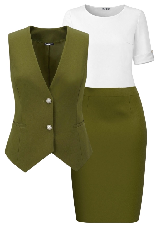Set dama cu bluza alba, vesta si fusta conica verde oliva