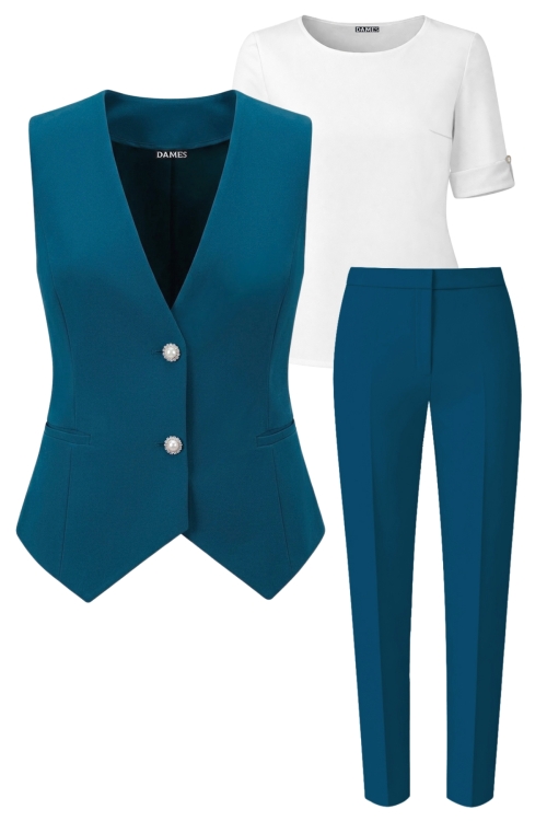 Set dama cu bluza alba, vesta si pantalon conic albastru turcoaz