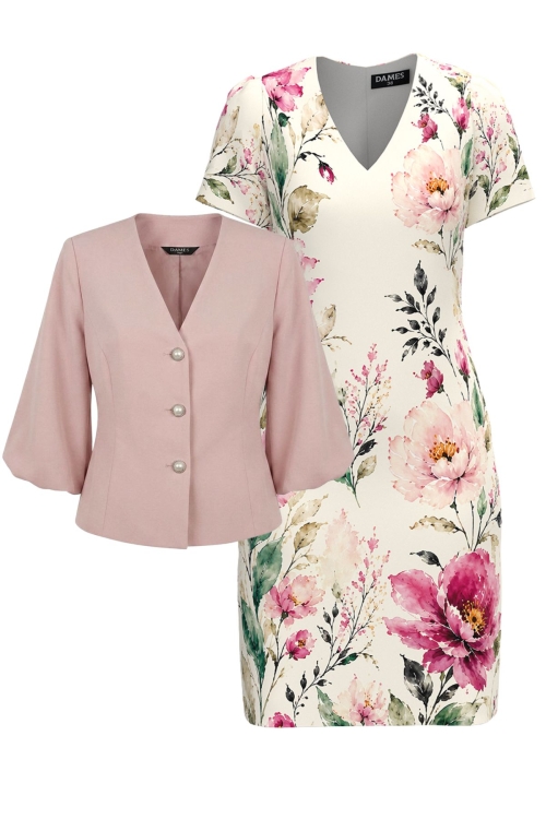 Set dama cu sacou roz deschis cu maneci bufante si rochie imprimata floral