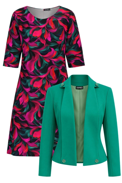Set dama sacou verde cu guler sal asimetric si rochie in culori vibrante
