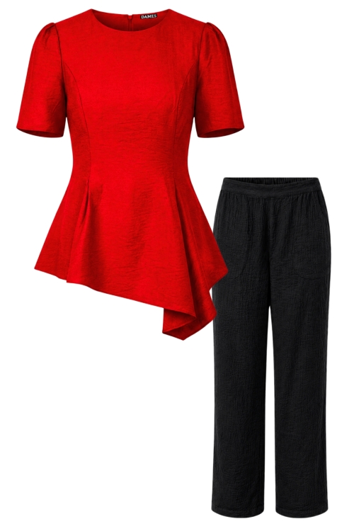 Set din vascoza cu pantalon drept negru si bluza asimetrica rosie