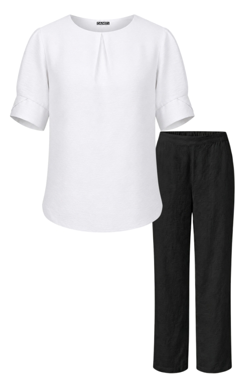 Set din vascoza pantalon negru drept si bluza cu pliu alba