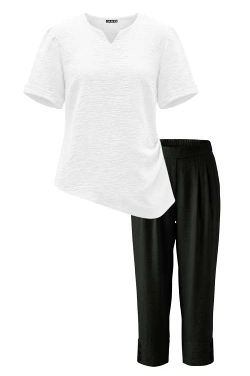 Set din vascoza pantalon negru trei sferturi si bluza alba cu decolteu in V