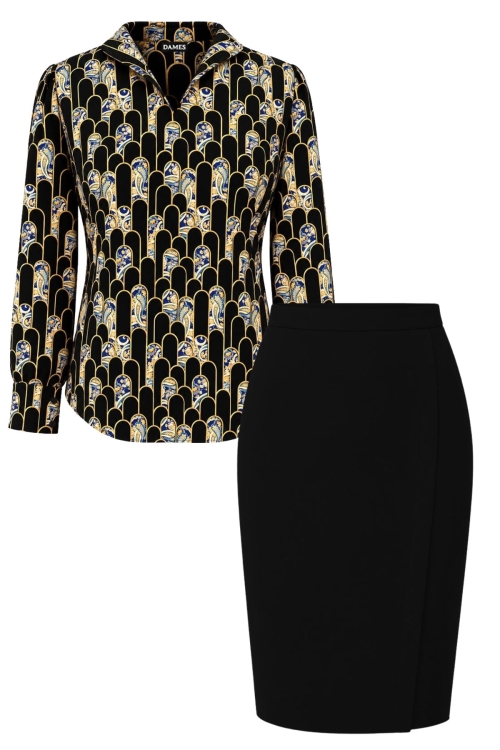 Set elegant bluza cu imprimeu geometric negru si fusta conica cu fenta negru Tivoli