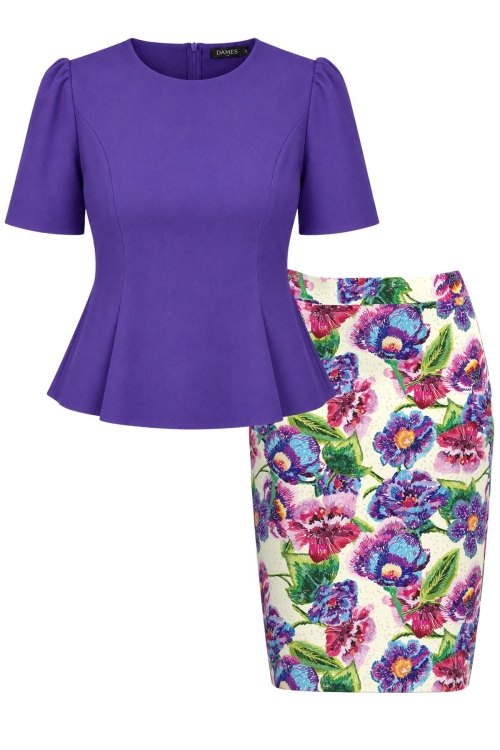 Set elegant bluza violet eleganta si fusta conica florala