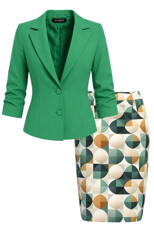Set elegant sacou verde cu maneca incretita si fusta conica cu model Geometric