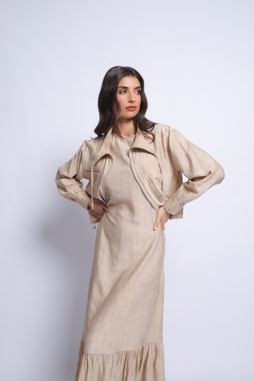 Set rochie lunga bej fara maneci si jacheta din rayon - Img 1