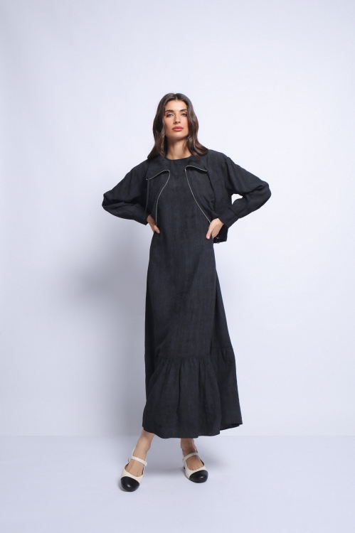 Set rochie lunga neagra fara maneci si jacheta din rayon - Img 1