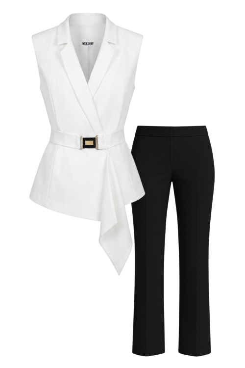 Set vesta alba de dama cu detaliu si trim detasabil si pantalon drept negru