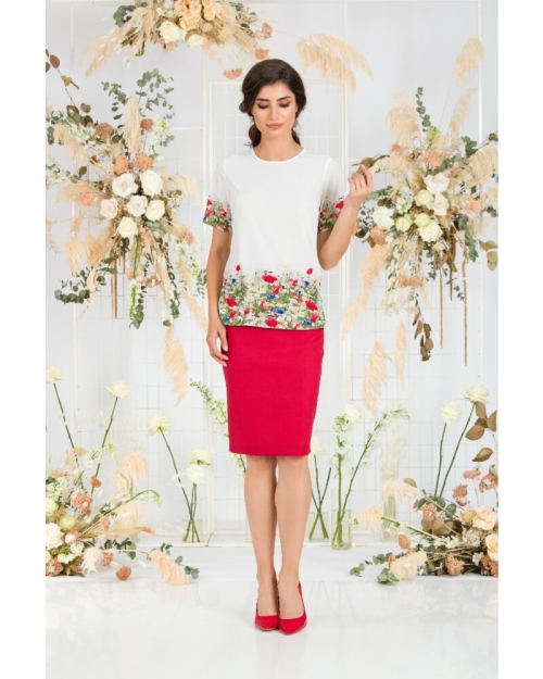 Bluza alba de vara cu maneca scurta si imprimeu Flori de camp CMD755 - Img 4