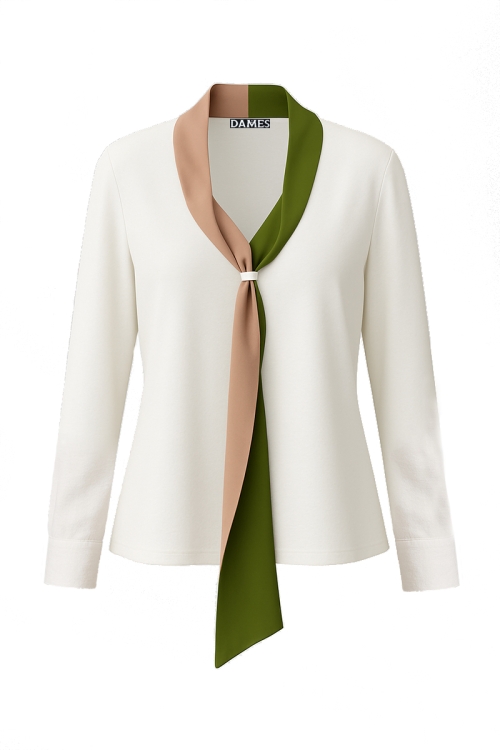 Bluza alba din vascoza cu guler bej & verde tip esarfa