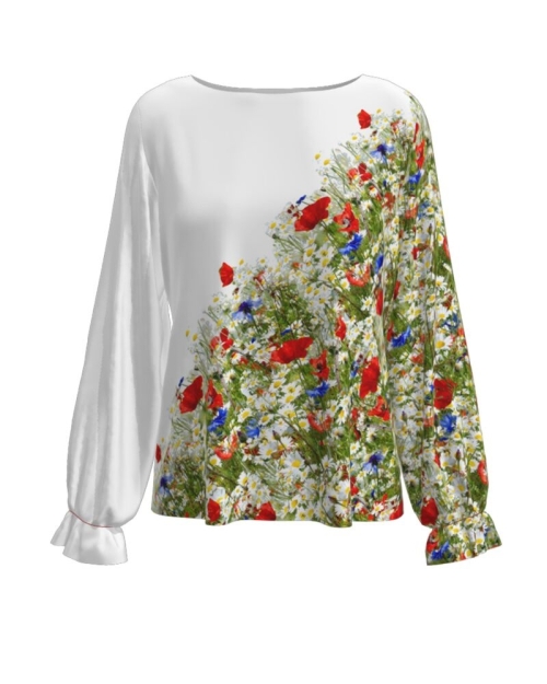 Bluza alba imprimata digital Flori de camp CMD529 - Img 1