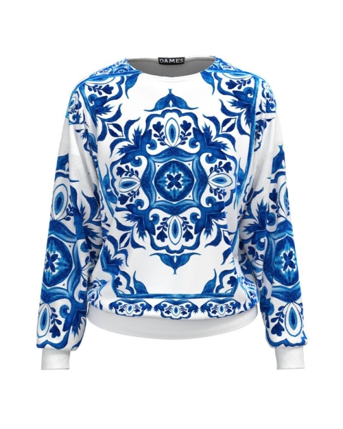 Bluza alba tip hanorac din catifea cu imprimeu albastru CMD4740 - Img 1
