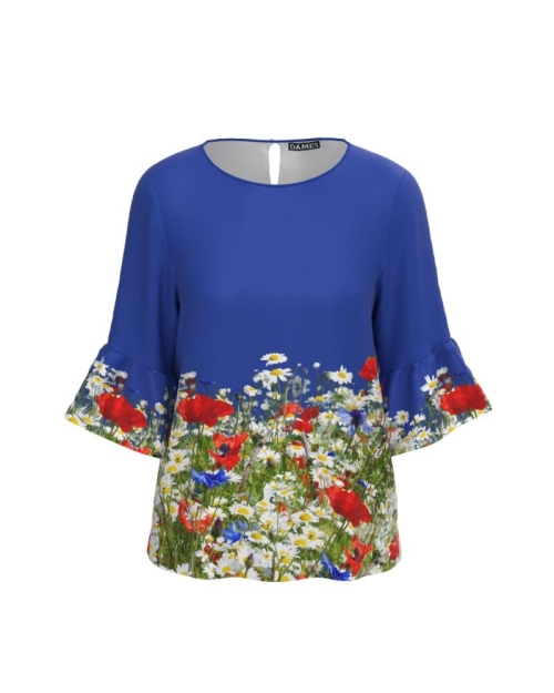 Bluza albastra imprimata digital Flori de camp CMD598