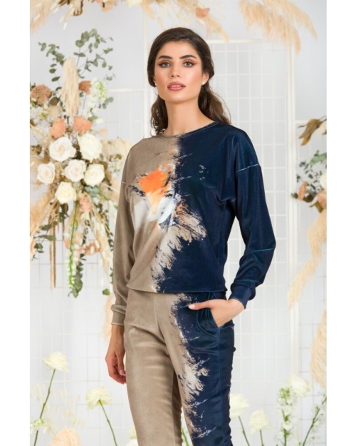 Bluza bej cu bleumarin tip hanorac din catifea CMD429 - Img 2