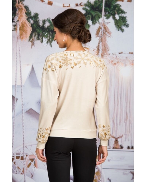 Bluza bej tip hanorac din catifea cu imprimeu de Craciun CMD1622 - Img 4