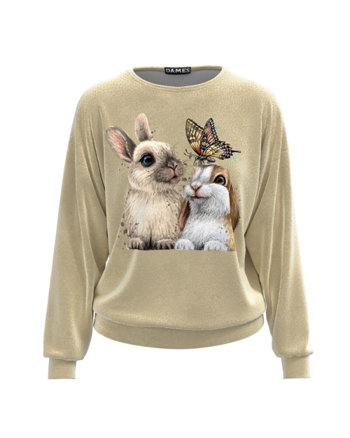 Bluza bej tip hanorac din catifea cu imprimeu Iepurasi CMD4009