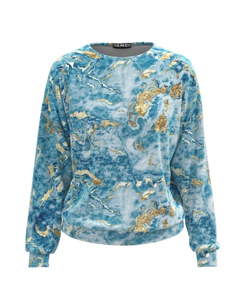Bluza bleu tip hanorac din catifea cu imprimeu abstract CMD1781