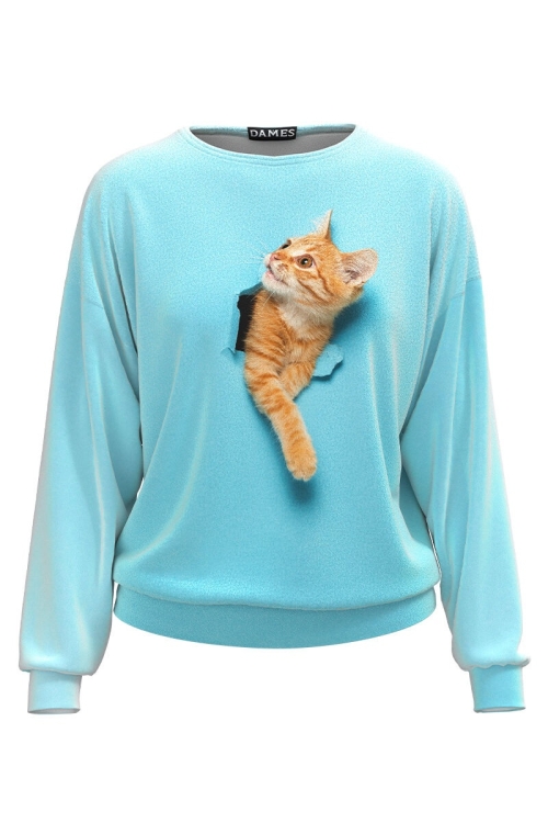 Bluza bleu tip hanorac din catifea cu imprimeu Pisica CMD3741 - Img 2