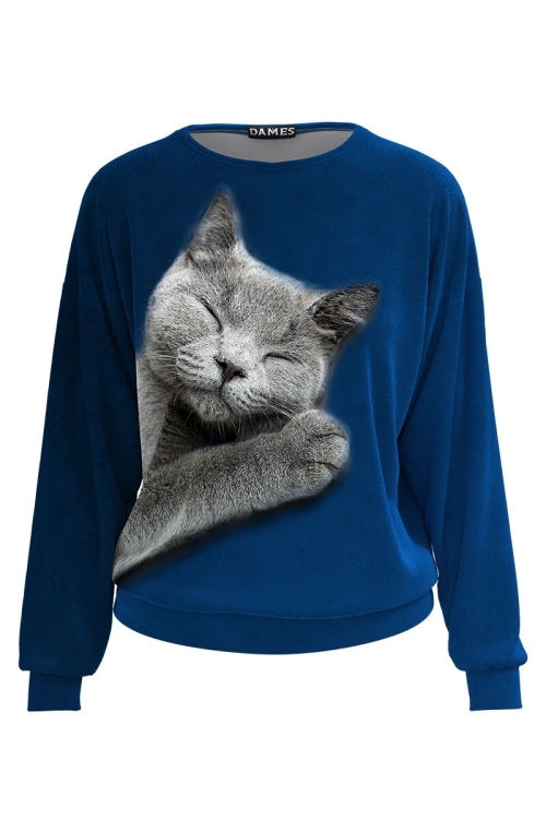 Bluza bleumarin tip hanorac din catifea cu imprimeu Pisica CMD3918 - Img 2
