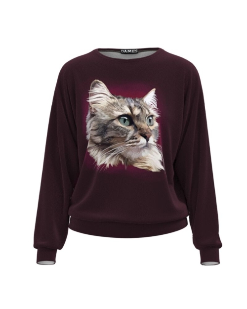 Bluza grena tip hanorac din catifea cu imprimeu Pisica CMD1398 - Img 1