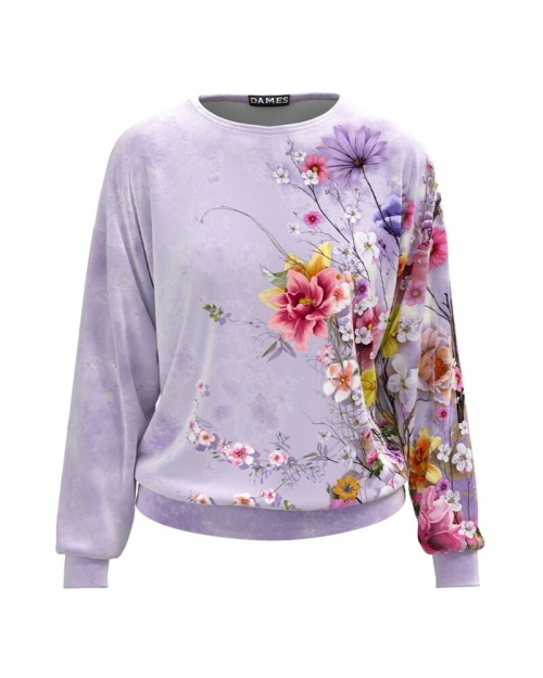 Bluza lila tip hanorac din catifea cu imprimeu floral CMD1711