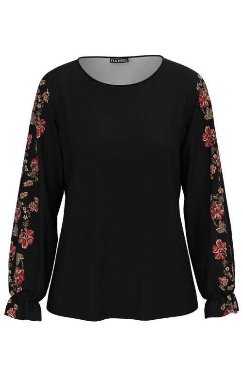 Bluza neagra cu maneca lunga imprimata etnic floral SS25