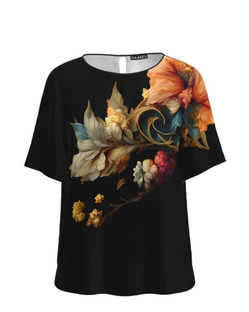 Bluza neagra cu maneca scurta imprimata cu model floral CMD4215
