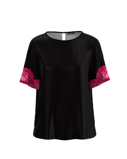 Bluza neagra cu maneca scurta si imprimeu trandafiri CMD1176