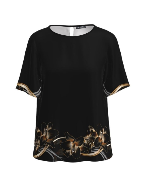 Bluza neagra de vara cu maneca scurta imprimata Crini CMD2245