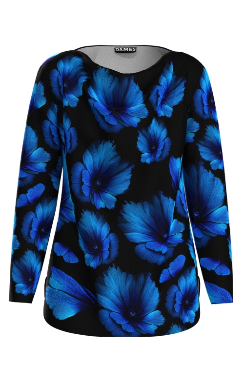 Bluza neagra din catifea cu imprimeu flori albastre