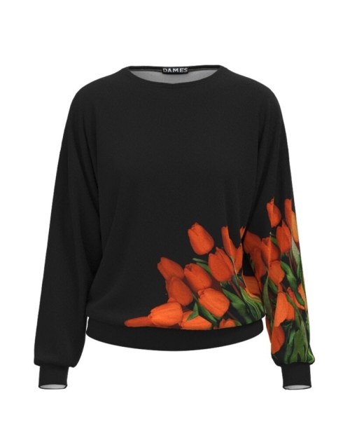 Bluza neagra tip hanorac din catifea cu imprimeu Lalele oranj CMD4184 - Img 1